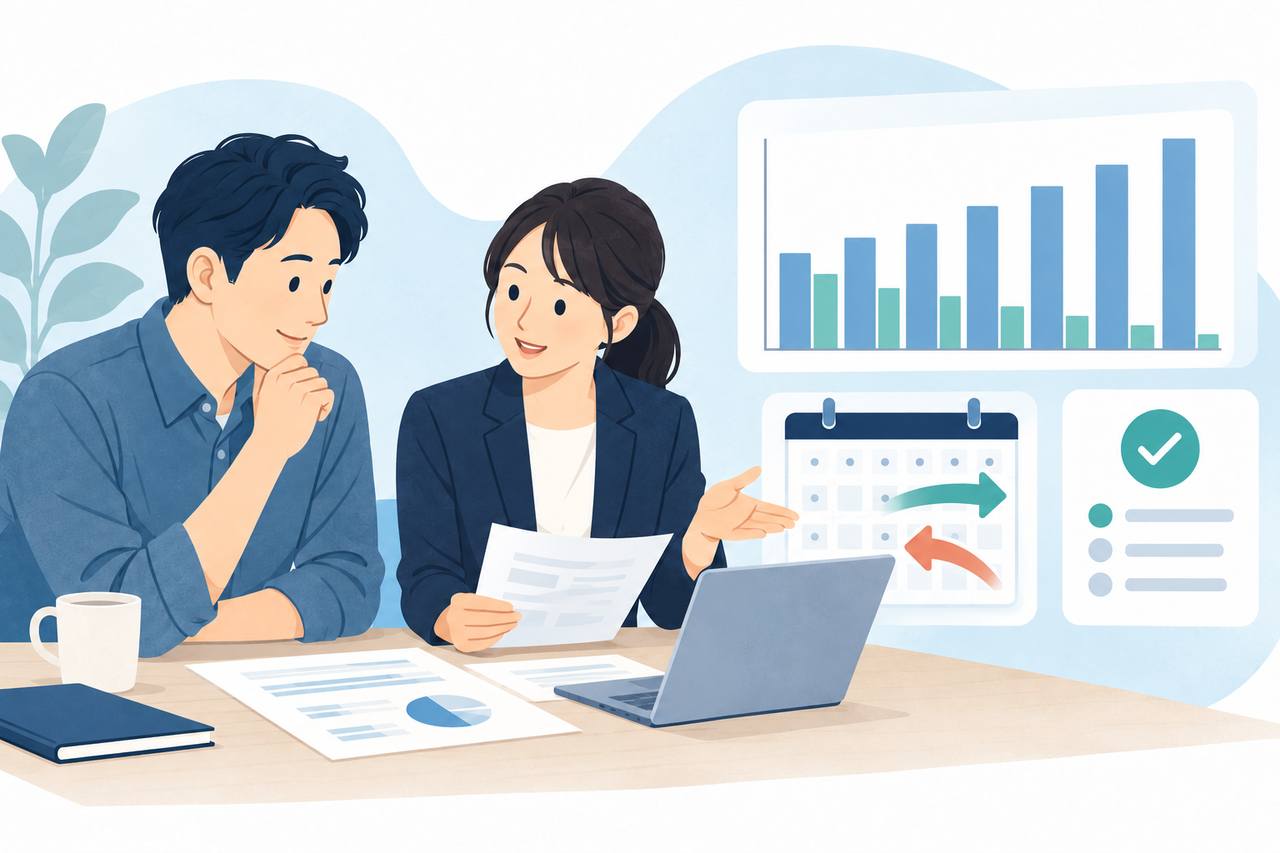 経営者と会計の専門家が数字を一緒に確認するイラスト
